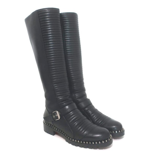 Christian Louboutin Meteorita Studded Knee High Boots Black Leather Size 39.5 - Picture 1 of 16